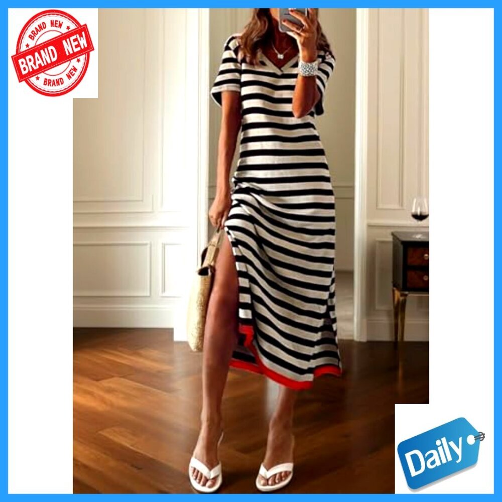 Striped Maxi Dress Casual Summer Split Side T-Shirt Style Trendy View 2